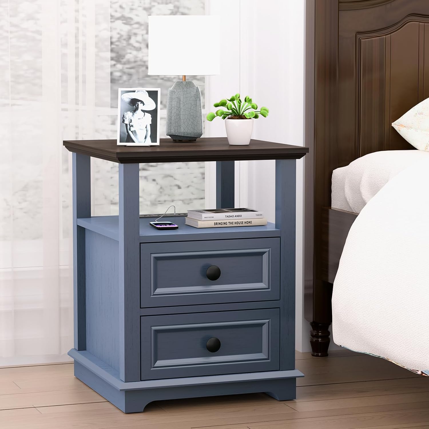 REDAYFUR End Table with Fast USB C Charging Station, 18" Wide Tall Sofa Side Table with 2 Drawers, Large Storage Rustic Wood Square Storage Cabinet for Living Room, Bedroom, Office, Blue