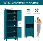 Bevivog Tall Pantry Cabinet with Microwave Shelf, 69" Metal Storage Cabinet with 4 Doors and Adjustable Shelves,Freestanding Metal Kitchen Hutch Cabinet, Blue Pantry Closet Storage Shelves with Doors