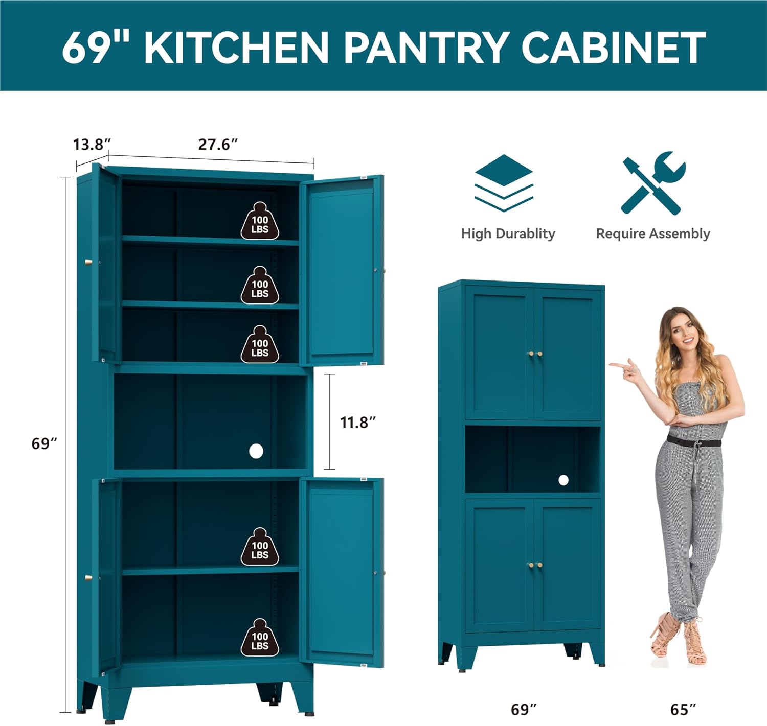 Bevivog Tall Pantry Cabinet with Microwave Shelf, 69" Metal Storage Cabinet with 4 Doors and Adjustable Shelves,Freestanding Metal Kitchen Hutch Cabinet, Blue Pantry Closet Storage Shelves with Doors