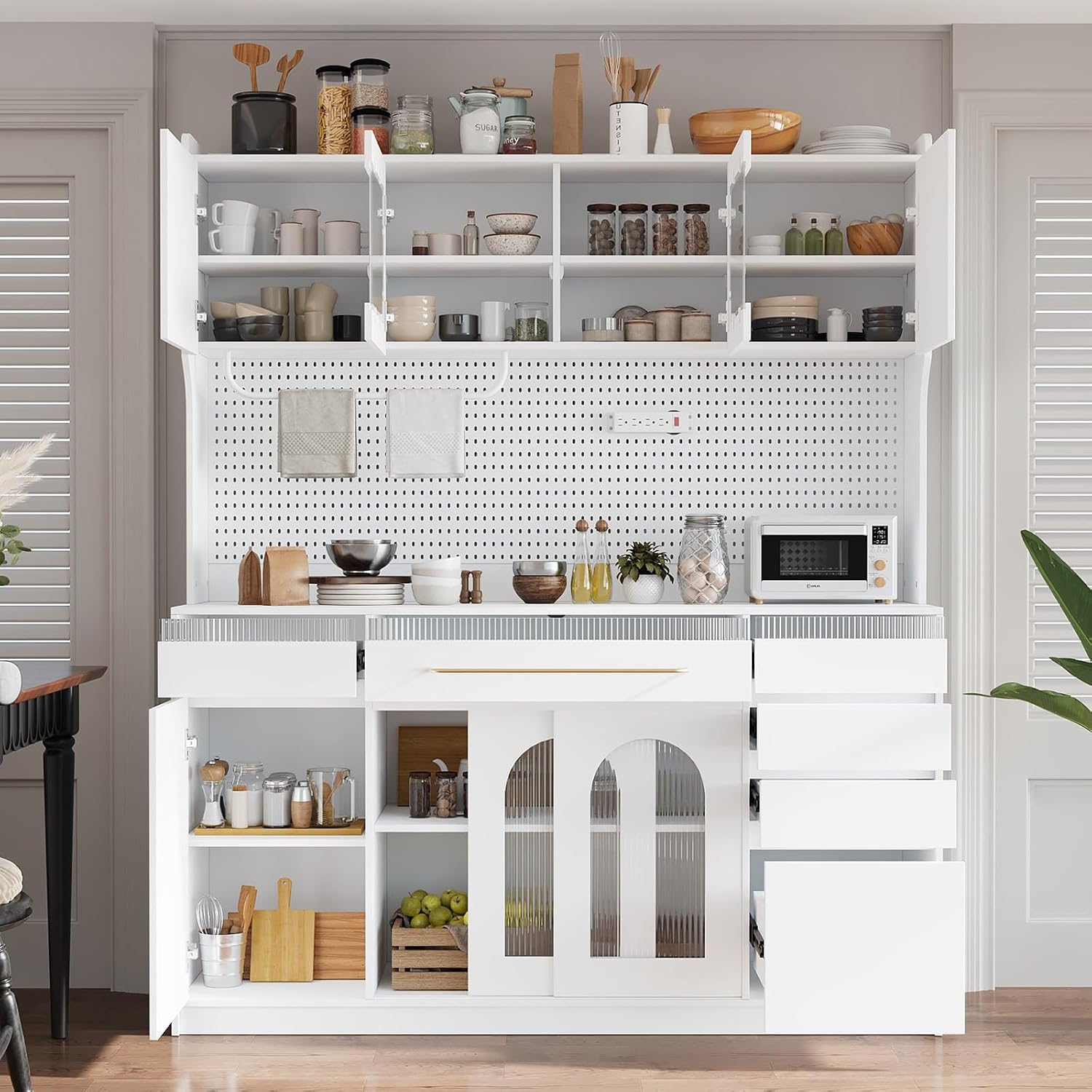 75" Pantry Cabinet, Wooden Cupboard with Power Outlet and 6 Storage Drawers, Large Kitchen Hutch Cabinet W/Countertop and Adjustable Shelves for Home Dining, 5 Cabinets/Pegboard/Towel Rack (White)