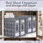 4 Pack Bed Sheet Organizer and Storage with Zipper – Linen Closet Organizers for Full, King, Queen & Twin Sheet Sets, Bedding Storage for Blankets and Duvet Covers, Grey