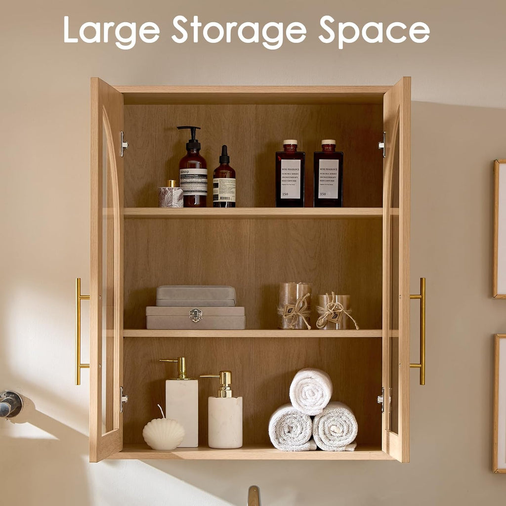 Bathroom Wall Cabinet, 23.5×31.4'' Storage Cabinet, Arched Cabinet Wall Mount with Adjustable Shelf & Glass Doors, Medicine Cabinet for Laundry Room, Bathroom, Kitchen, Living Room,Natural Oak