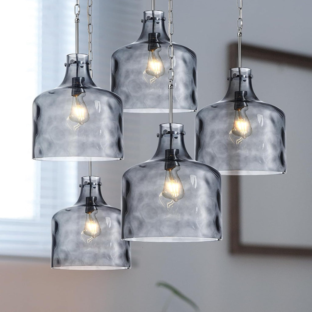 CATINER 16" Extra Large Farmhouse Pendant Light – Hand-Blown Smoked Gray Hammered Glass Shade, Polished Chrome Finish, Adjustable Chain Hanging Light Fixture for Kitchen Island, Dining Room, Hallway
