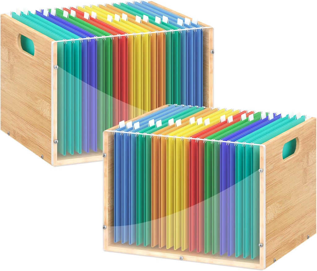 Sbanmao 2 Pack Hanging File Organizer, Clear Acrylic File Box Organizer, Bamboo Filing Box File Crate Storage Boxes, Portable Filing Organizer with Handle for Letter Size