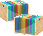 Sbanmao 2 Pack Hanging File Organizer, Clear Acrylic File Box Organizer, Bamboo Filing Box File Crate Storage Boxes, Portable Filing Organizer with Handle for Letter Size
