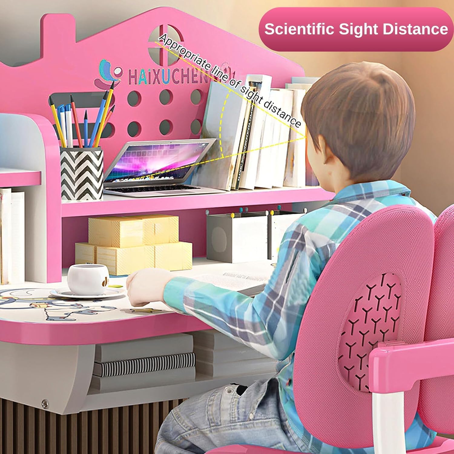 Kids Adjustable Height Desk and Chair Set with Drawer and Storage, Kids Table and Chairs School Study Desk for Kids Pink