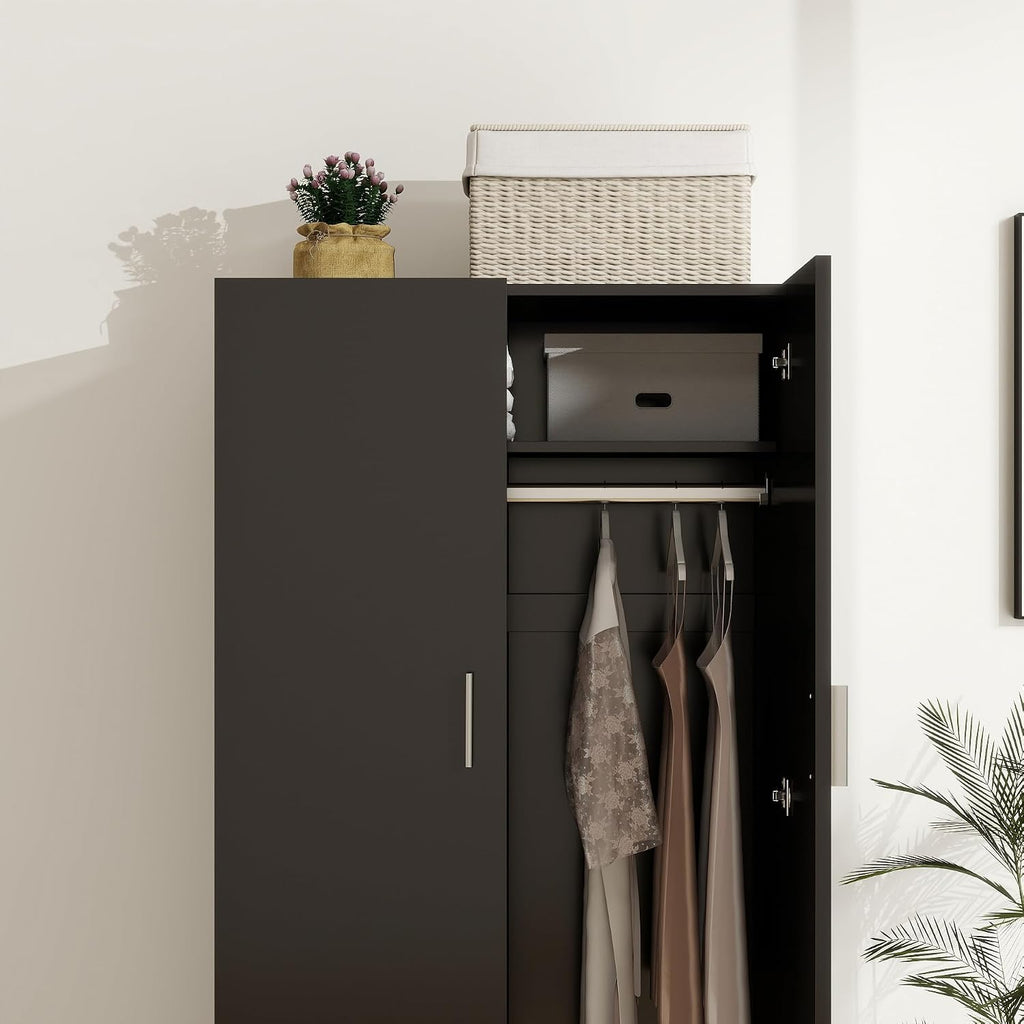 Panana 2 Door Wardrobe Closet Bedroom Armoires with 2 Shelves Storage, Hanging Rail for Bedroom (Black)