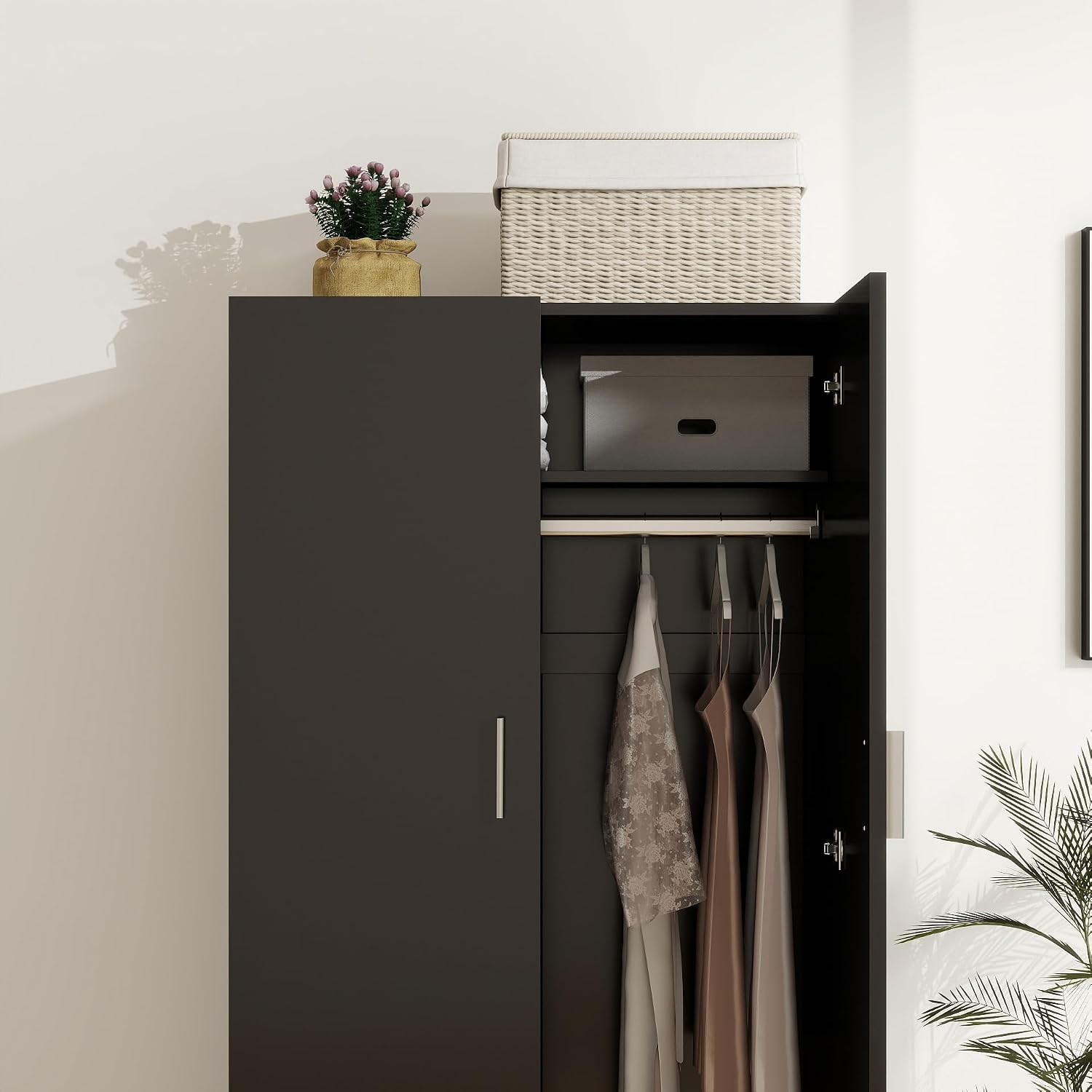 Panana 2 Door Wardrobe Closet Bedroom Armoires with 2 Shelves Storage, Hanging Rail for Bedroom (Black)