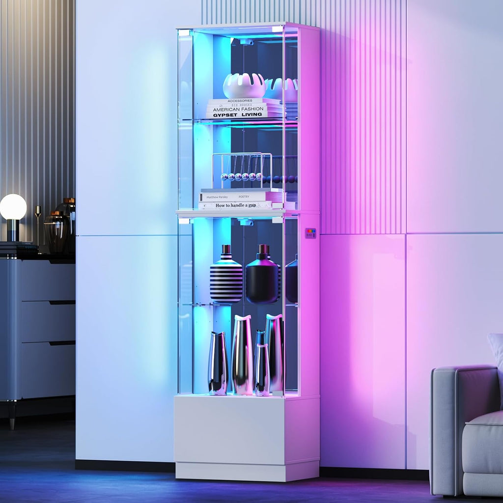 VersionTECH. Glass Display Cabinet, 4-Tier Curio Cabinet with RGB Lights for Collectibles, Corner Display Case with Drawers, Adjustable Glass Shelves, Human Body Sensor, Mirror Backing, White