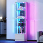 VersionTECH. Glass Display Cabinet, 4-Tier Curio Cabinet with RGB Lights for Collectibles, Corner Display Case with Drawers, Adjustable Glass Shelves, Human Body Sensor, Mirror Backing, White