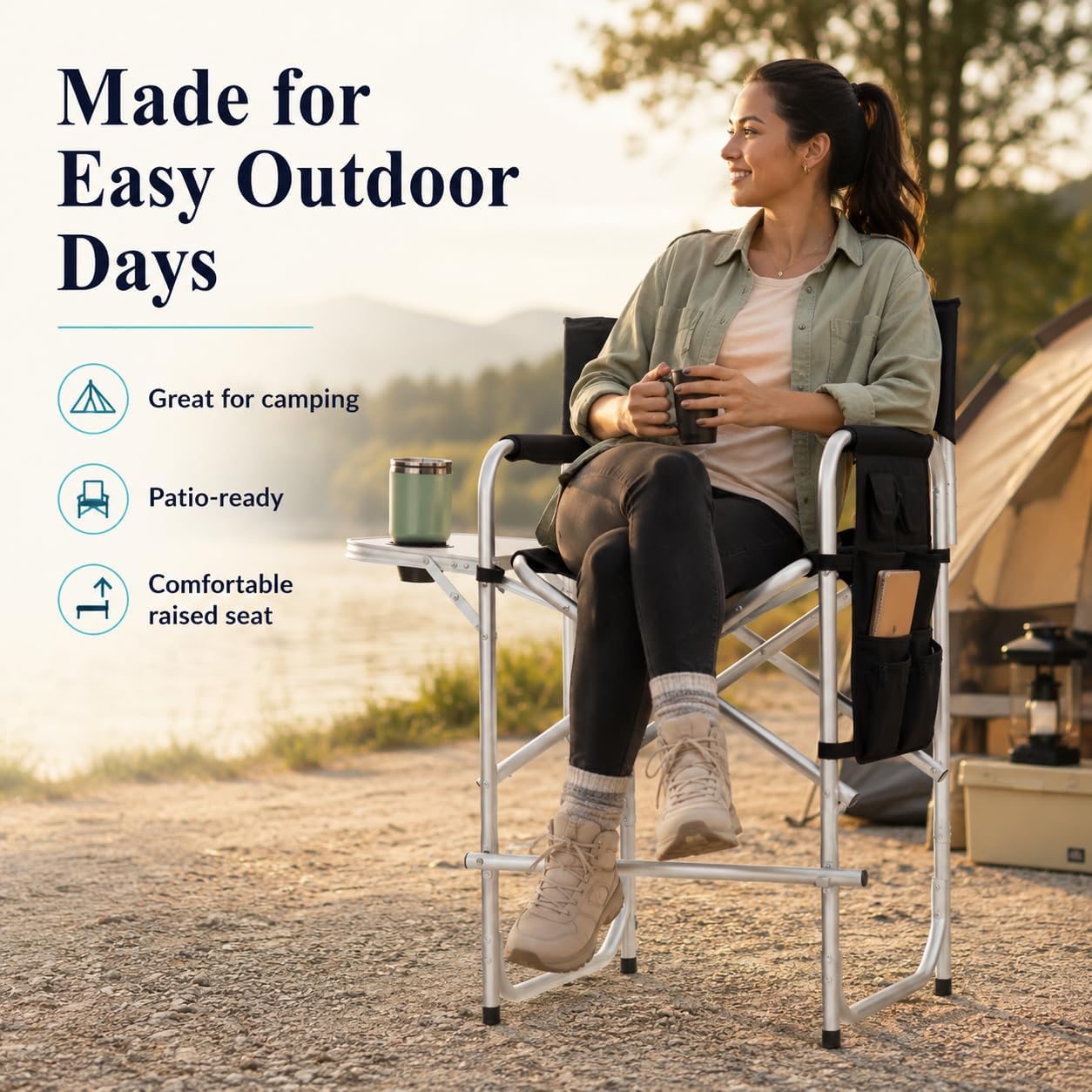 YUNWANG Tall Folding Directors Chair - High Foldable Bar Stool with Side Table Cup Holder and Storage Pocket - Seat Height Artist Chair for Makeup Artist Face Painting