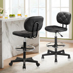 KLASIKA PU Leather Rolling Bar Stool with Wheels and Back, Tall Drafting Stool with Adjustable Height and Footrest, Multi-Purpose Office Desk Chair for Home Kitchen Shop Work, Black (1PK)