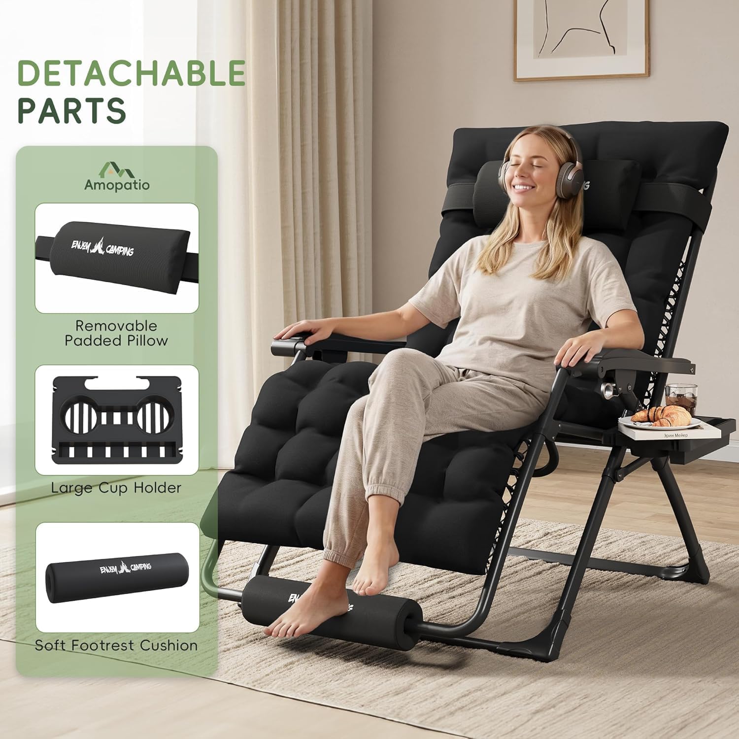 Amopatio Oversized Zero Gravity Chair XXL 33Inch Reclining Camping Lounge Chairs w/Removable Cushion&Headrest, Upgraded Lock and Footrest, Folding Patio Recliner for Indoor Outdoor, Black