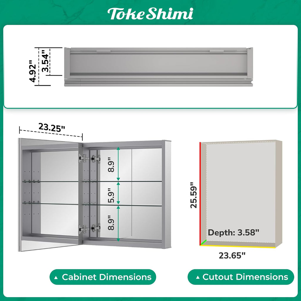 TokeShimi 24x26 Mirrored Medicine Cabinet, Aluminum Recessed Wall Mounted Bathroom Cabinet with Full-Overlay Mirrors