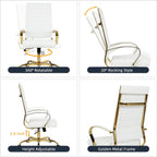 LANDSUN Home Office Chair High Back Executive Chair Ribbed PU Leather Computer Desk Chair with Armrests Soft Padded Adjustable Height Swivel Conference Gold Frame White