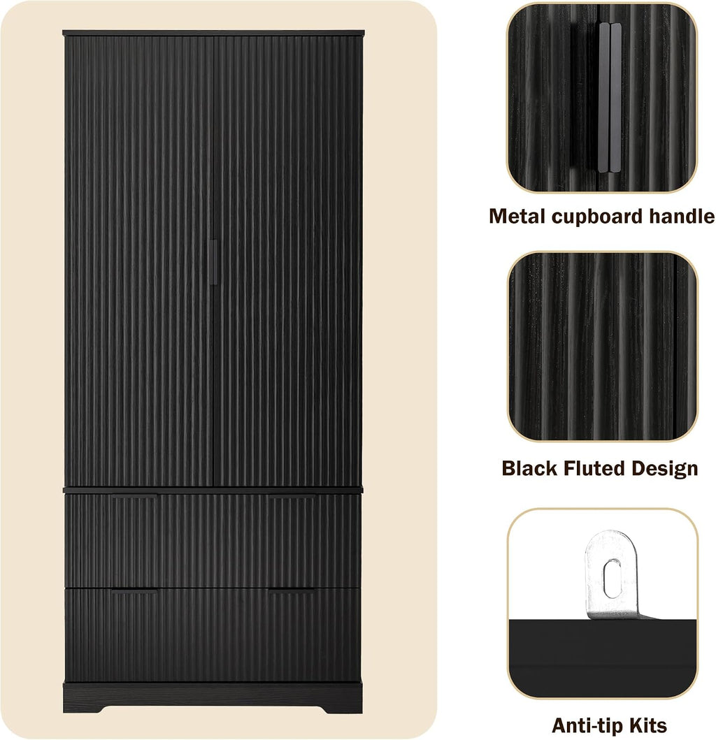 DSHADE 72'' Modern Fluted Kitchen Pantry Cabinet - 2 Drawers & 8-Door Spice Rack, Freestanding Storage Organizer for Bathroom, Dining Room, Office, Entryway, Black, Easy Assembly