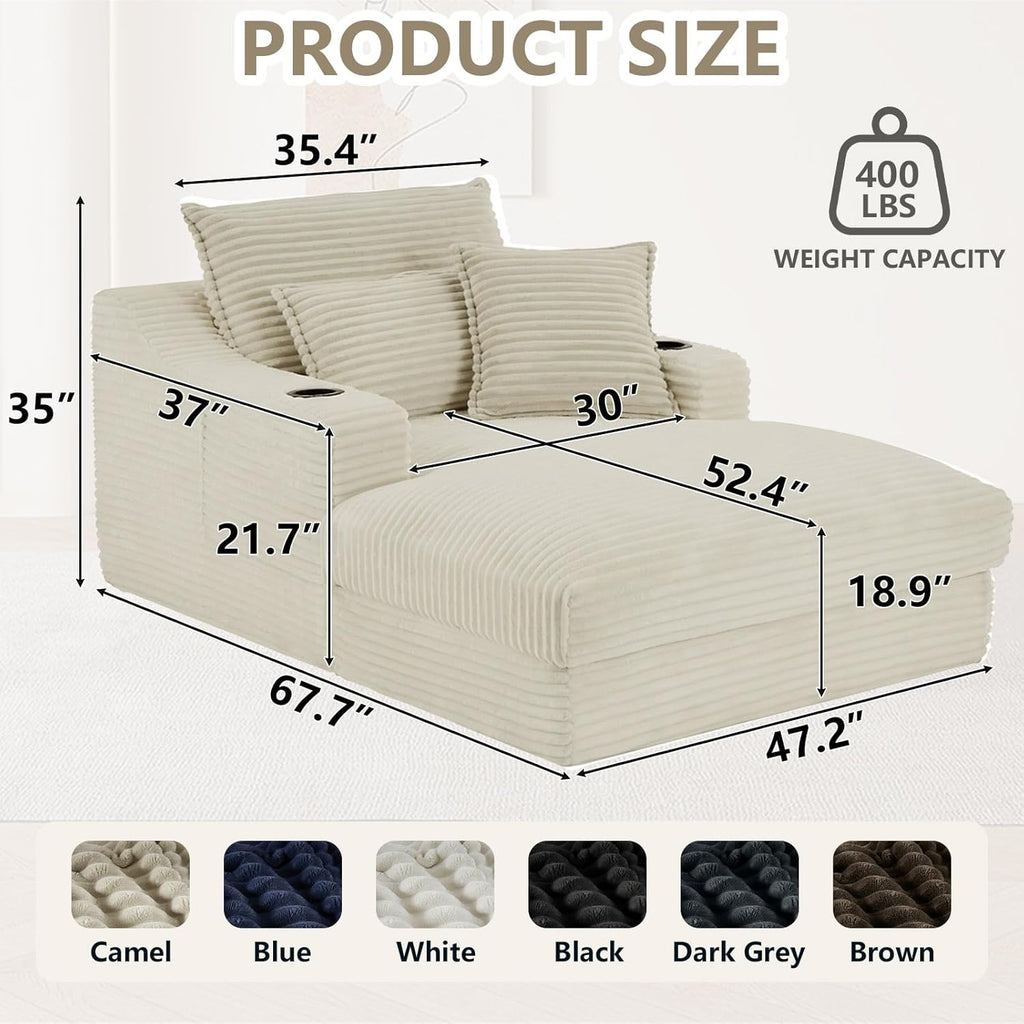 67.7" Chaise Lounge Chair Indoor with Cup Holders & Side Pocket, Oversized Boneless Lounger Chairs Indoor with 3 Soft Pillows, Deep Seat Reading Lounge Couch for Living Room, Apartment, Camel