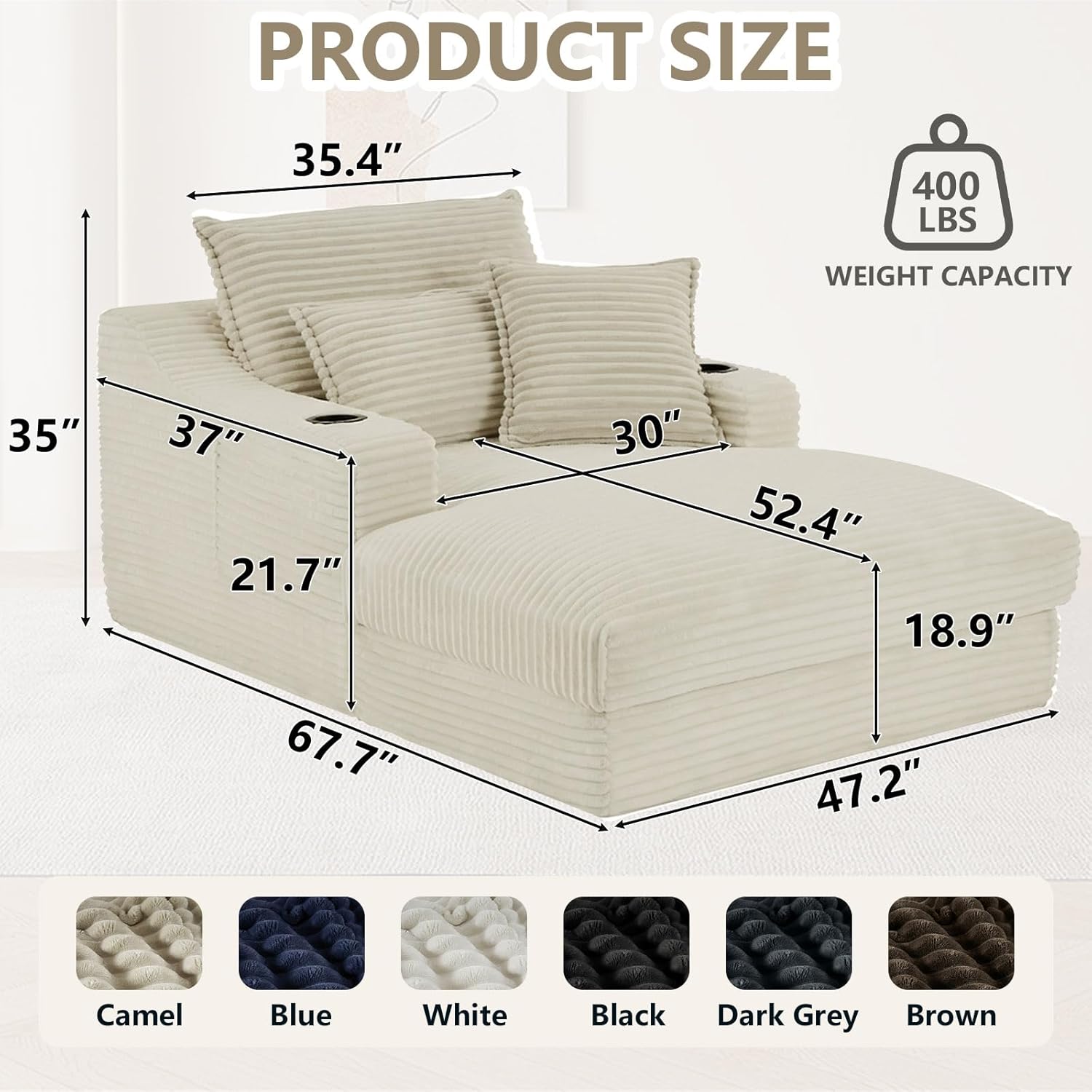 67.7" Chaise Lounge Chair Indoor with Cup Holders & Side Pocket, Oversized Boneless Lounger Chairs Indoor with 3 Soft Pillows, Deep Seat Reading Lounge Couch for Living Room, Apartment, Camel