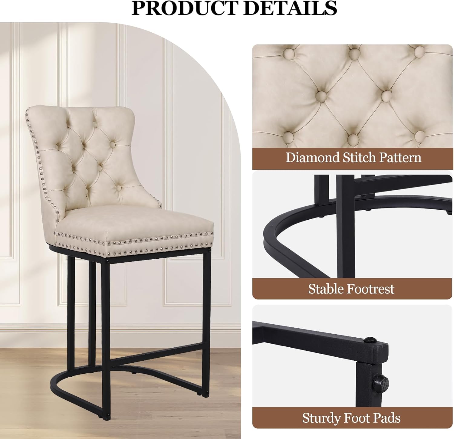UVV Counter Height Bar Stools Set of 4, 26" Modern Barstools with Back, Faux Leather Upholstery Counter Chairs with Metal Legs for Kitchen Island, Bar, Counter, Beige
