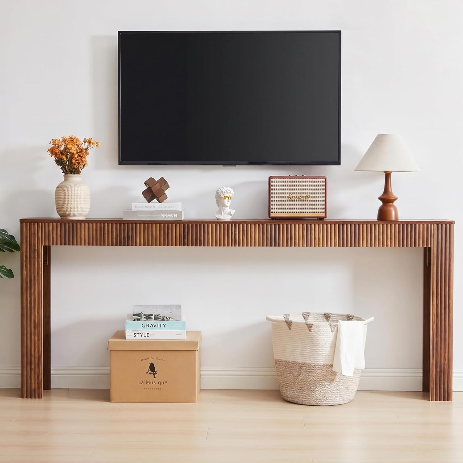 79" Fluted Console Table with Charging Station, Mid Century Modern Narrow Entryway Table with Power Outlet & USB Ports, Long Wooden Sofa Table Behind Couch, Hallway Accent Table for Foyer