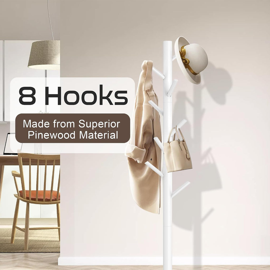 Aliphon Wooden Coat Rack Stand, Freestanding Coat Rack with 8 Hooks, 3 Adjustable Size Coat Tree for Hats, Coats, Scarves bags, Coat Hanger Stand Used in Bedroom/Office/Entryway （White）