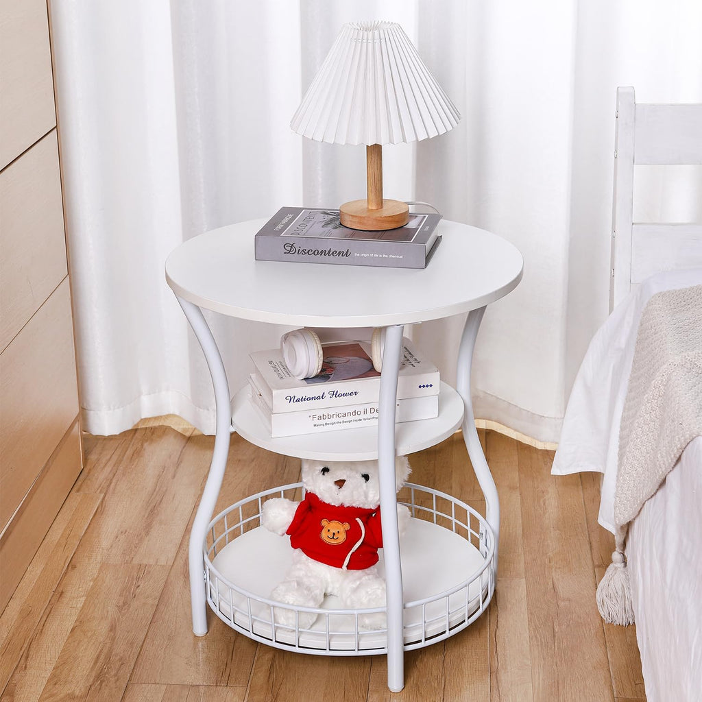 Round Side Table, 3-Tier Circular End Table with Storage Shelf,White Accent Sofa Table for Small Spaces,Round Corner Coffee Table for Living Room, Bedroom,19.6 inch Diameter