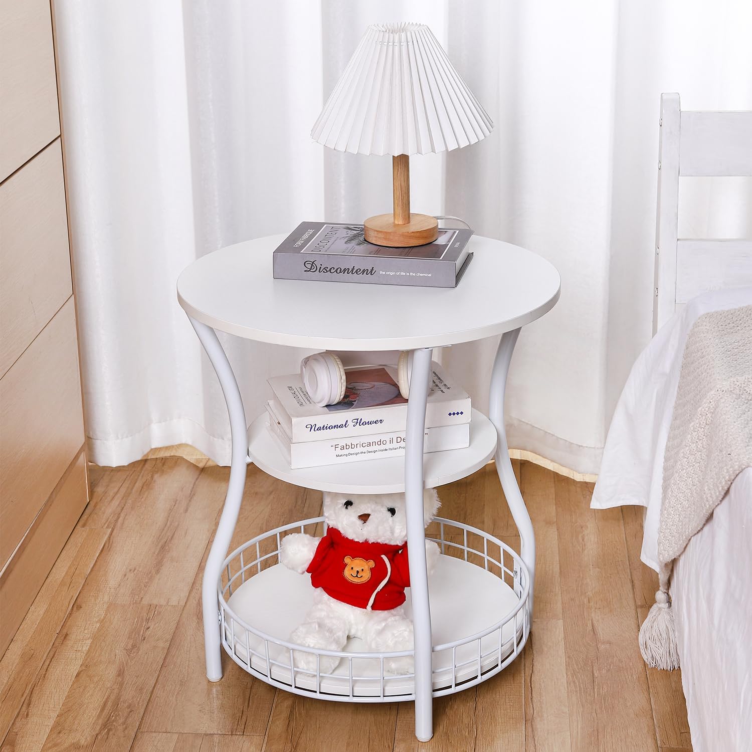 Round Side Table, 3-Tier Circular End Table with Storage Shelf,White Accent Sofa Table for Small Spaces,Round Corner Coffee Table for Living Room, Bedroom,19.6 inch Diameter