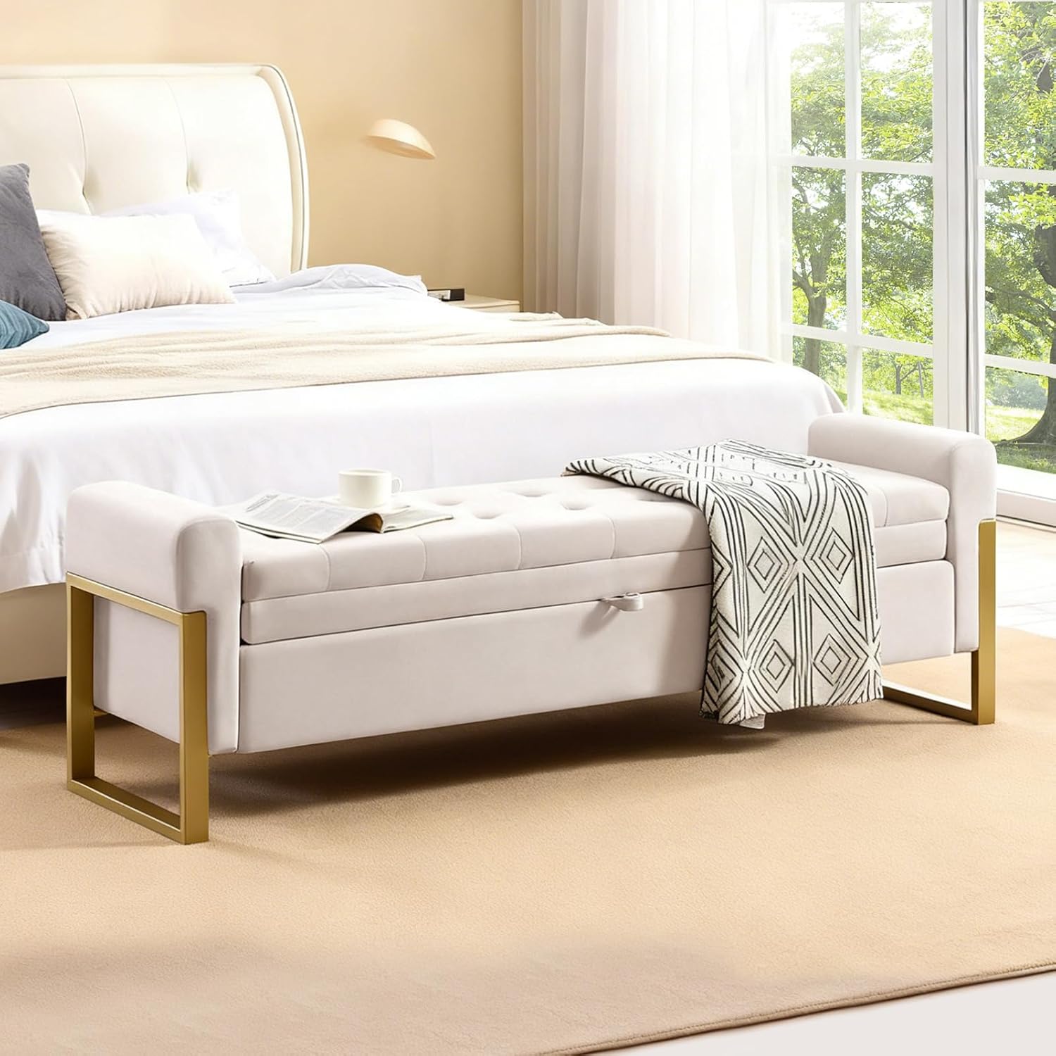 67" Storage Bench for Bedroom, King Size End of Bed Bench, Upholstered Storage Ottoman Bench with Golden Metal Legs, Bedroom Bench for Entryway, Beige