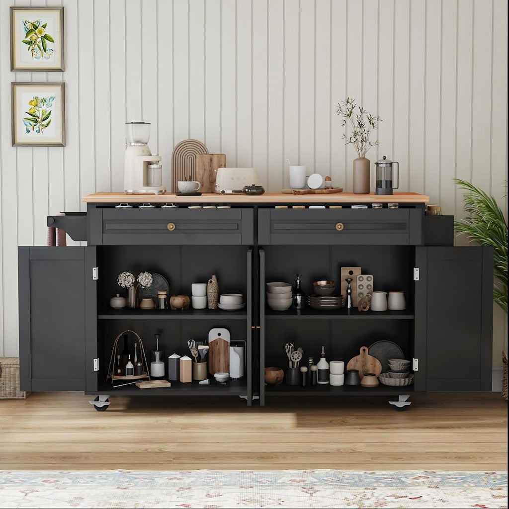 67 Kitchen Island Cart with Drop Leaf Breakfast Bar, Rolling Mobile Kitchen Island Table on Wheels with Storage Cabinet, Drawer, Spice/Towel Rack, Black