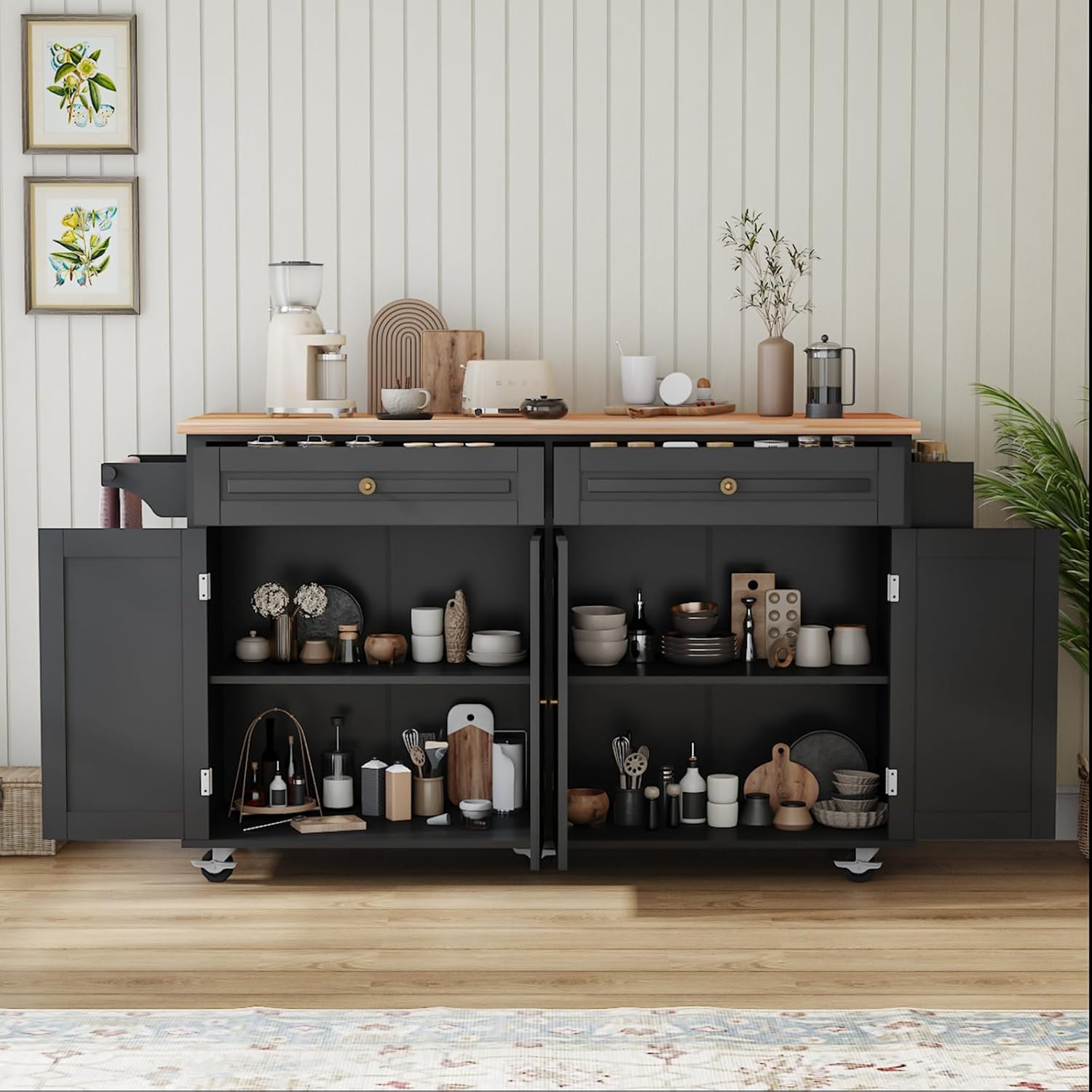 67 Kitchen Island Cart with Drop Leaf Breakfast Bar, Rolling Mobile Kitchen Island Table on Wheels with Storage Cabinet, Drawer, Spice/Towel Rack, Black