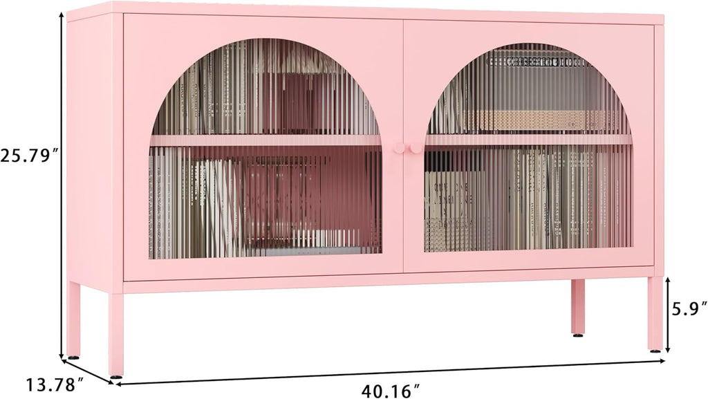 2 Door Metal Accent Storage Cabinet for Music Studio,Living Room,Home,Hotel,Office,2-Tier Steel Storage Locker TV Stand (Translucent Door, New Pink)
