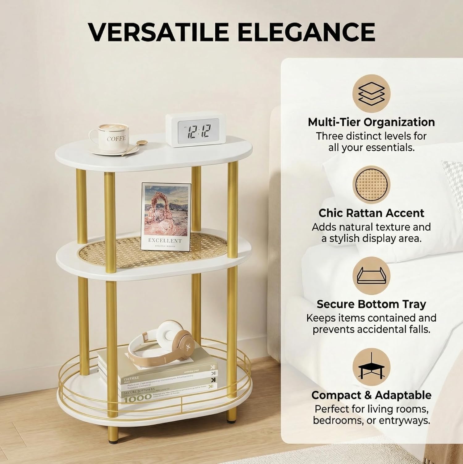Small Rattan Side/Accent Table with Storage, 3 Tier Round/Oval End Table with Rattan Shelf & Metal Basket, Boho Nightstand, Tool Free Assembly/Screw-Hole Free Tabletop-Living Room Bedroom-Black