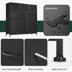 9-Drawer Dresser for Bedroom, Anti-Tip Tall Storage Organizer Chest of Drawers with Wooden Top and Metal Frame Fabric Bins for Closet, Living Room, Hallway, Entryway, Black