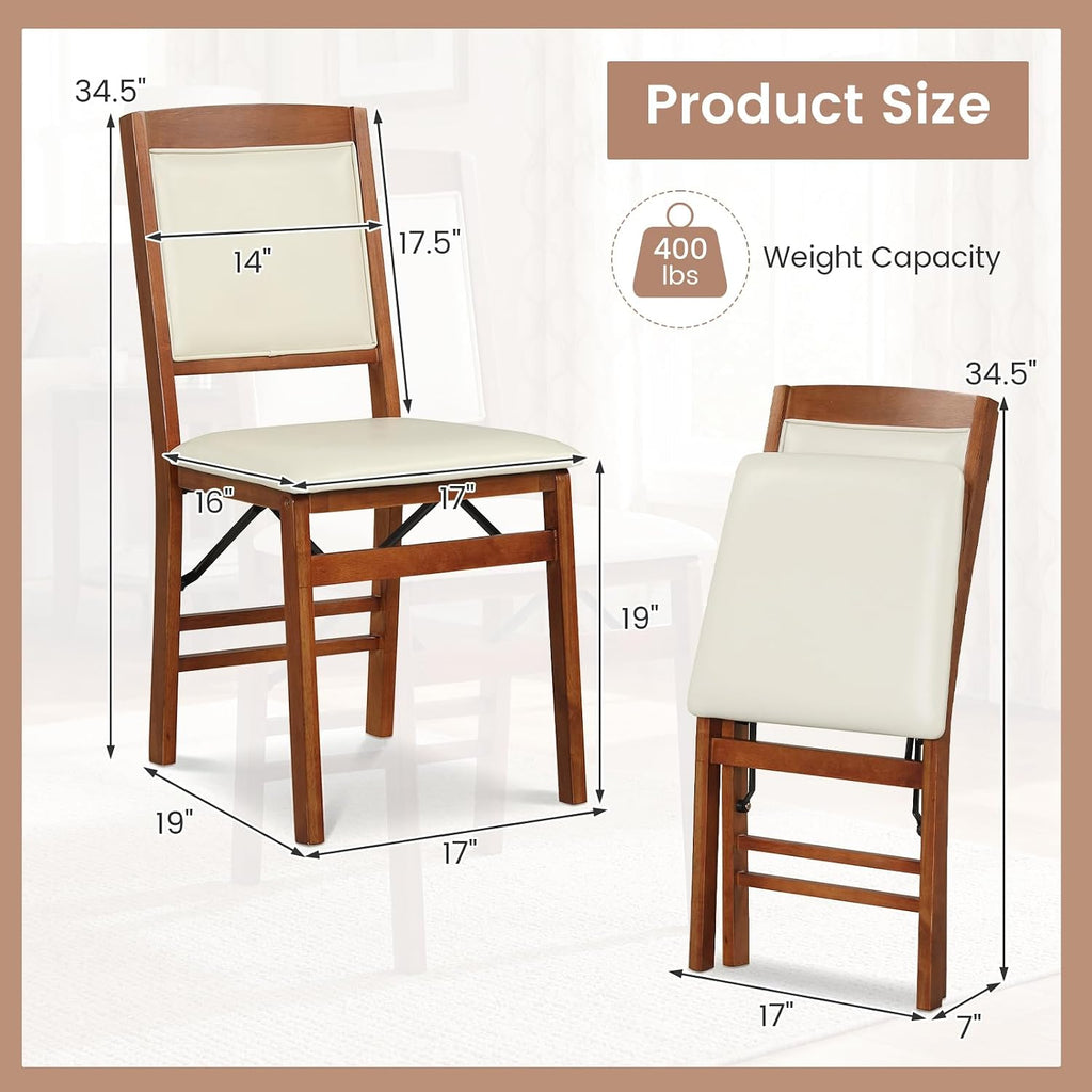 COSTWAY Folding Dining Chairs Set of 2, Wooden Kitchen Side Chairs w/Padded Seat, Solid Wood Frame, 400 LBS Load Bearing, No Assembly Needed, Vintage Foldable Chairs for Dining Living Room, Walnut