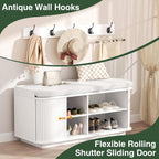 Hall Tree with Bench and Shoe Storage, Entryway Bench with Sliding Door Cabinet, Removable Padded, Metal Wall Hooks and Adjustable Storage Compartments, for Entry, Hallway, Living Room, White