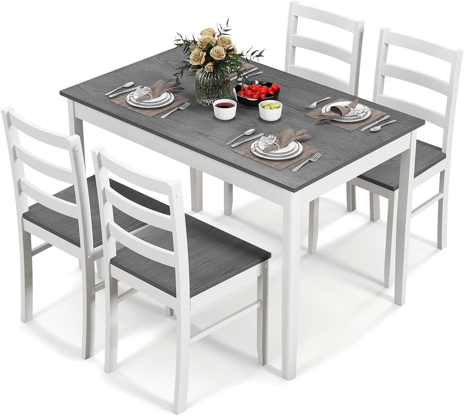 COSTWAY Dining Table Set for 4, 5-Piece Dinette Set with Rubber Wood Legs, Anti-Slip Pads & Space-Saving Design, Farmhouse Kitchen Table and Chairs for Kitchen, Apartment, Studio