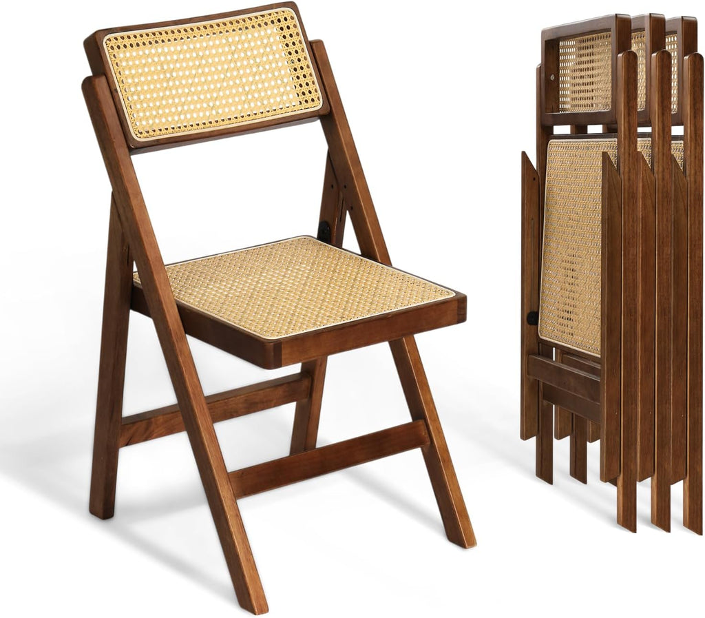 VINGLI 4 Pack Rattan Dining Chair, Wood Folding Chair with 360° Swivel Backrest, Rubberwood Frame and Rattan Woven Seat and Back, Walnut, Set of 4