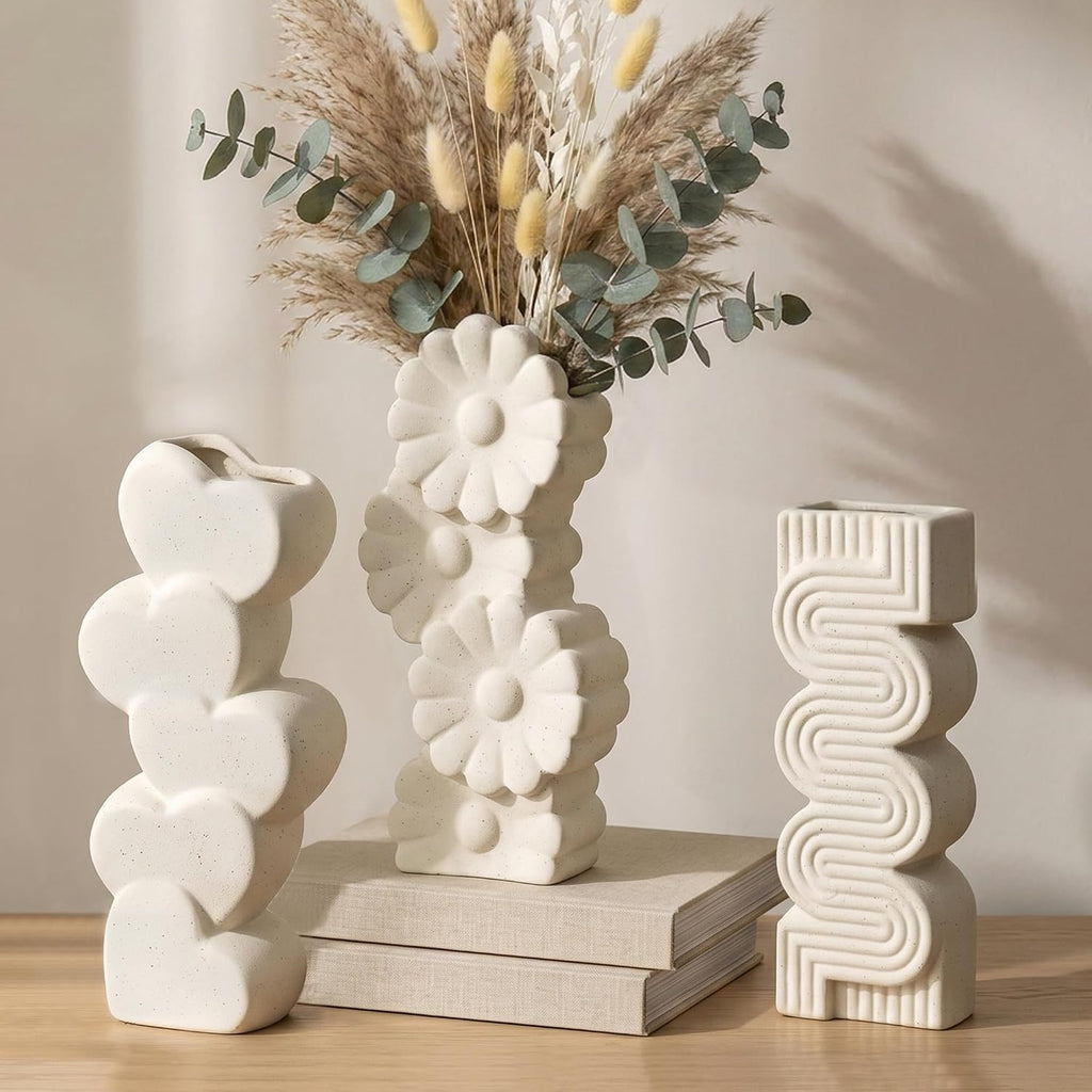 White Ceramic Flower Vases Table Decor Heart Shaped Vase Set of 3 | Nordic Heart Shaped Vases Minimalist Decorative Vase for Table Centerpiece Wedding Dining Living Room Office House Decoration