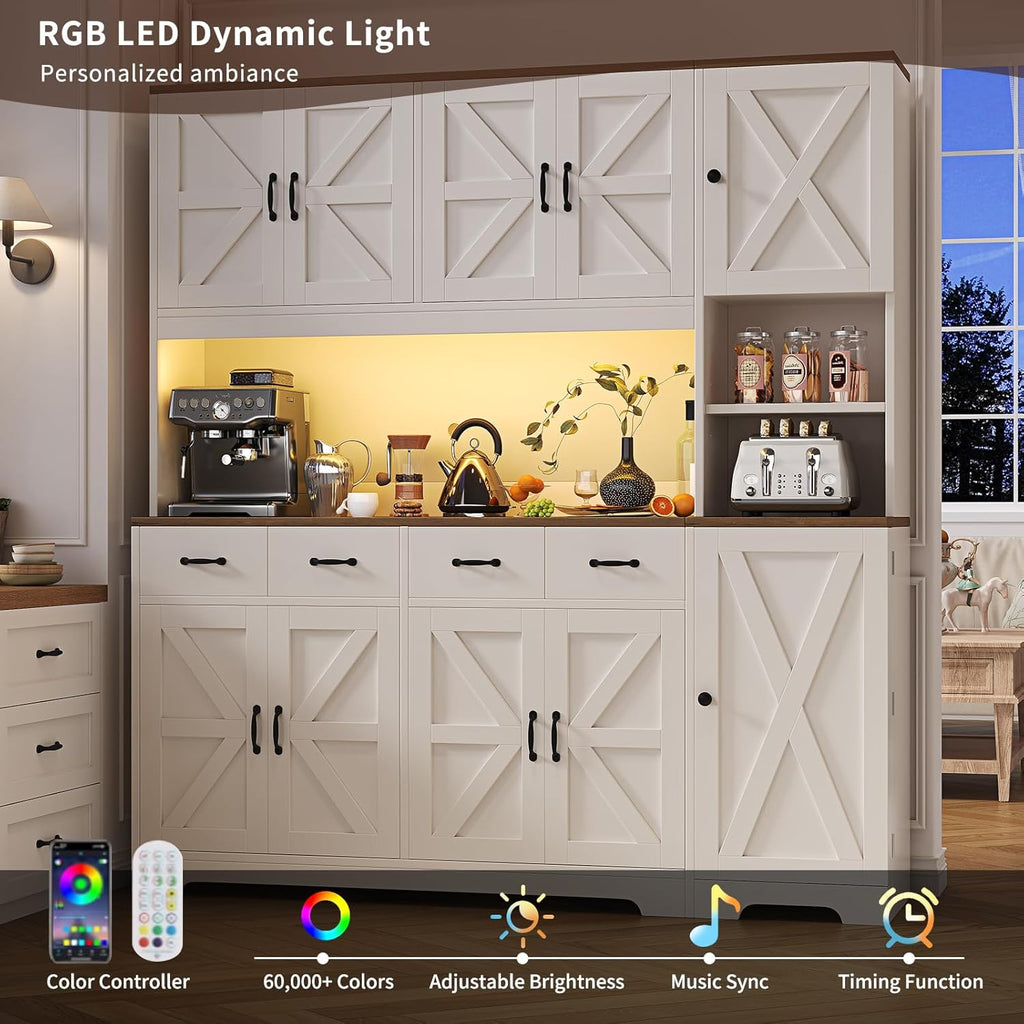 71" Tall Kitchen Pantry with LED Lights & Charging Station, Farmhouse Storage Cabinet with 4 Drawers & 6 Cabinets, Modern Kitchen Hutch for Dining Room with Adjustable Shelves, White