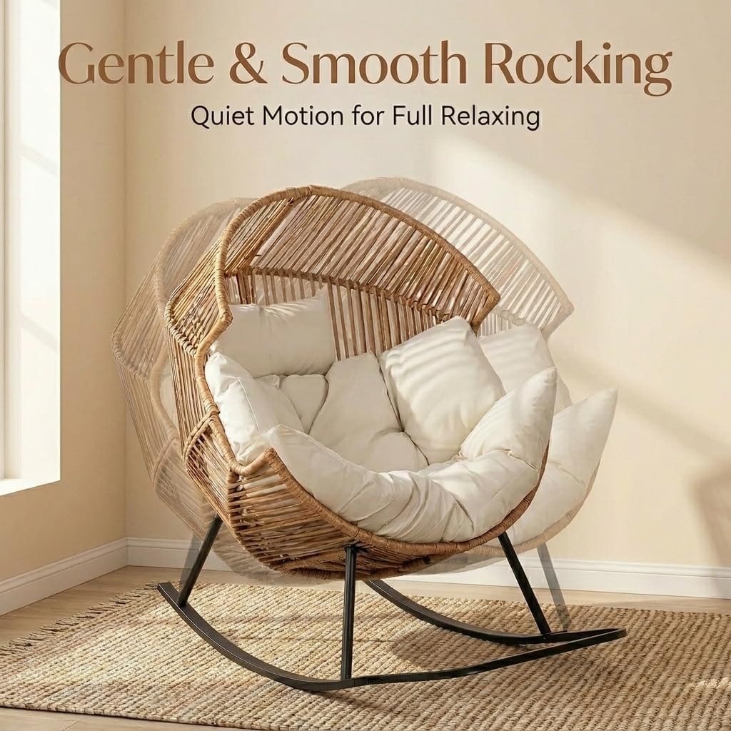 Oversized Outdoor Rocking Chair, Wicker Egg Patio Lounge Chair Basket Seat with Thick Cushion, All Weather Indoor Outdoor Porch Rockers for Balcony, Living Room, Lawn Garden