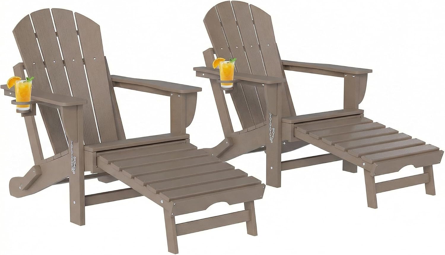 Outsunny Folding Adirondack Chair Set of 2, Outdoor HDPE Fire Pit Chair with Retractable Ottoman, Cup Holder and Large Seat for Deck, Garden, Backyard, Brown