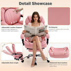Comfy Reclining Office Chair with Footrest for Women Wide Seat Big Tall Computer Gaming Chair, 500lb Plus Size Ergonomic Recliner Office Desk Chair with Leg Rest, Pink