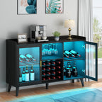Loomie Wine Bar Cabinet with LED Light, Home Coffee Cabinet with Wine Rack and Glass Holder, Kitchen Buffet Sideboard W Storage Shelf, Freestanding Liquor Cabinet for Living Room, Dining Room (Black)