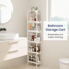 6 Tier Slim Storage Cart with Pull-Out Baskets Rolling Cart with Wheels Wood Top Narrow Utility Cart Metal Shelving Units for Pantry Laundry Room Bathroom Kitchen White 8in(W)