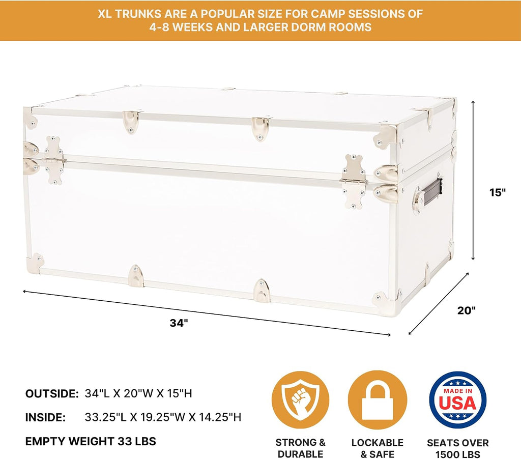 Rhino Trunk & Case Classic XL Trunk With Wheels 34"x20"x15", 1500+ lbs Capacity - Many Colors, Soft-Close Lid. Strong, USA Made Summer Camp Footlocker and Secure College Dorm Storage Chest