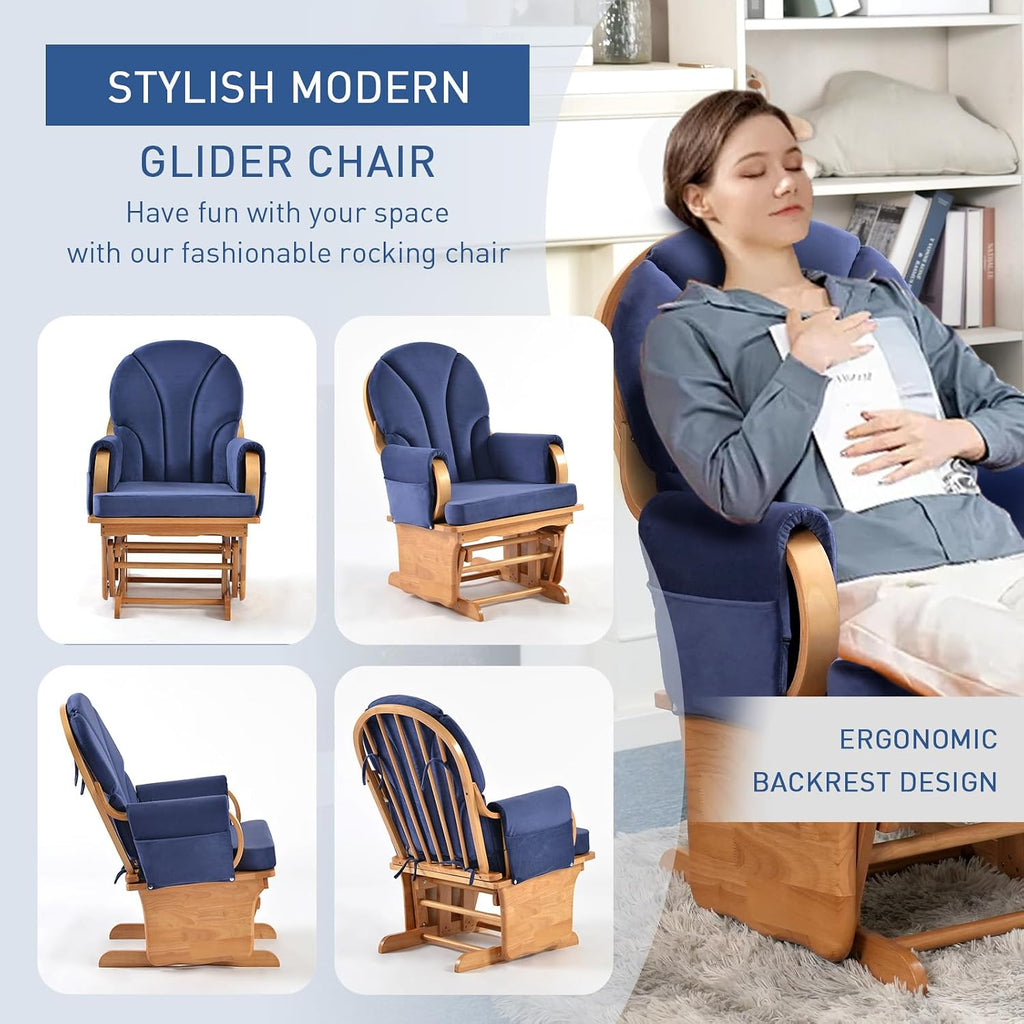 Beech Wood Gliding Rocking Chair for Nursery, Rocking Chair Glider Rocker with Arm Rest, Padded Cushion for Living Room Bedroom Reading Room, 280lbs Weight Capacity, Blue