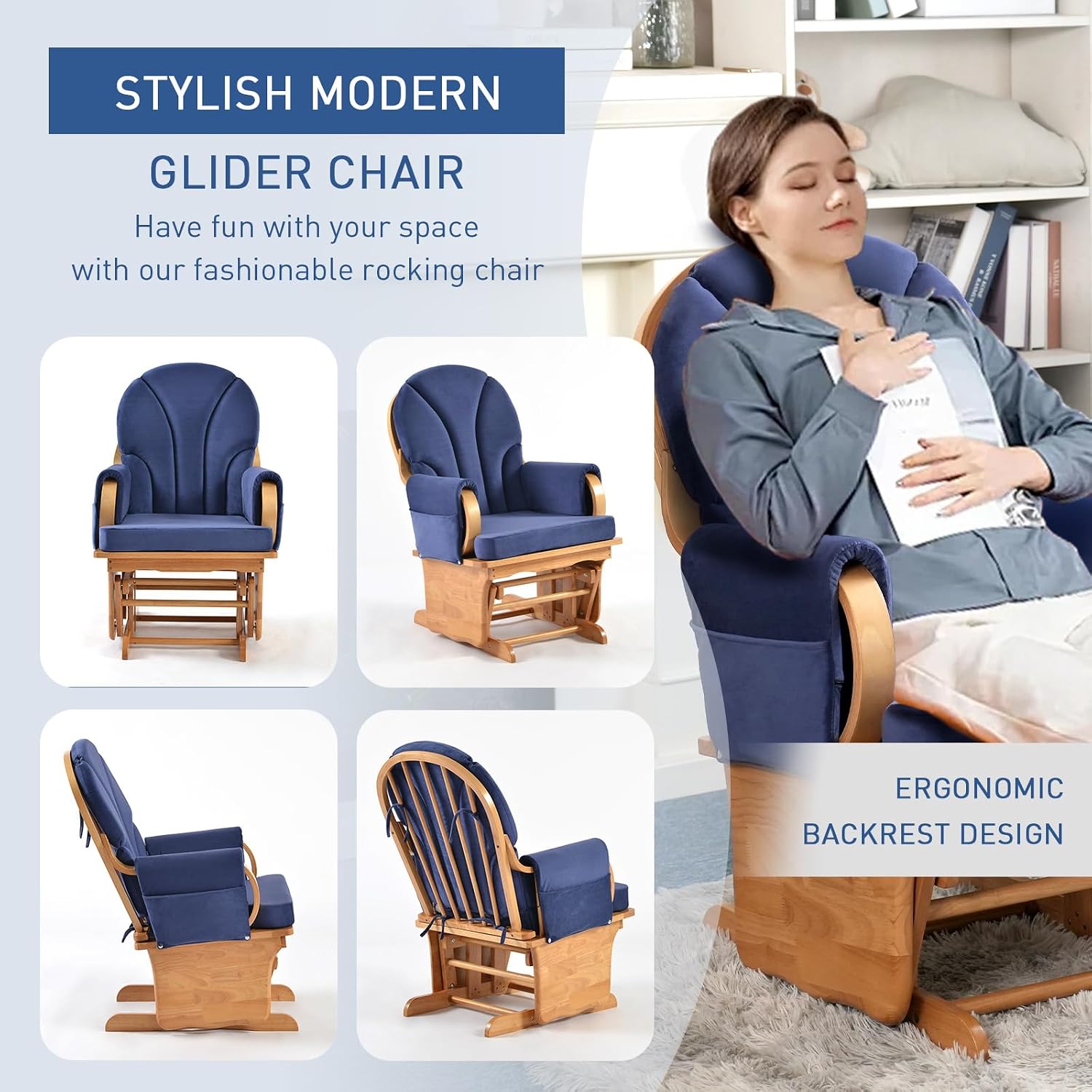 Beech Wood Gliding Rocking Chair for Nursery, Rocking Chair Glider Rocker with Arm Rest, Padded Cushion for Living Room Bedroom Reading Room, 280lbs Weight Capacity, Blue