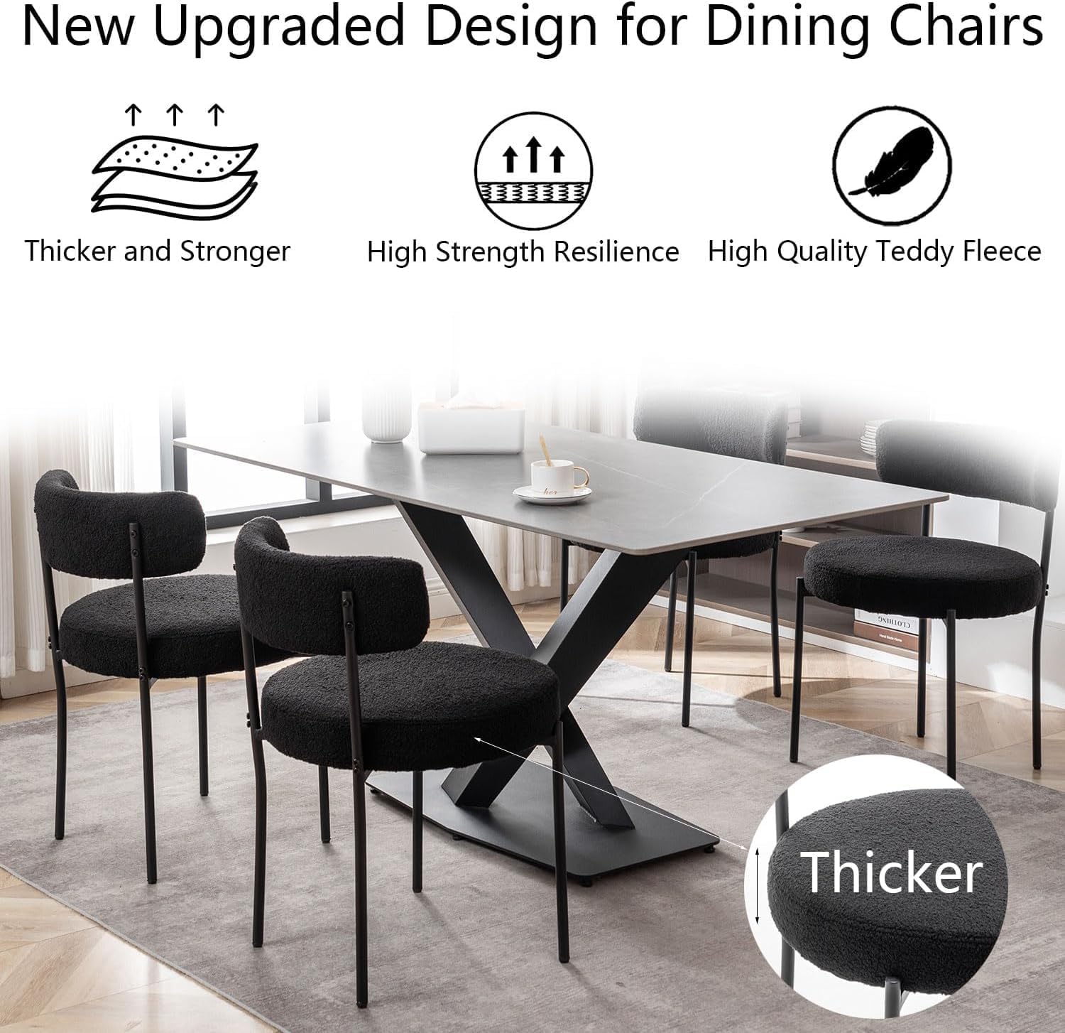 Cinxzar Black Boucle Dining Chairs Set of 4, Upholstered Dining Chairs with Black Metal Legs, Round Modern Dining Chair for Dining Room