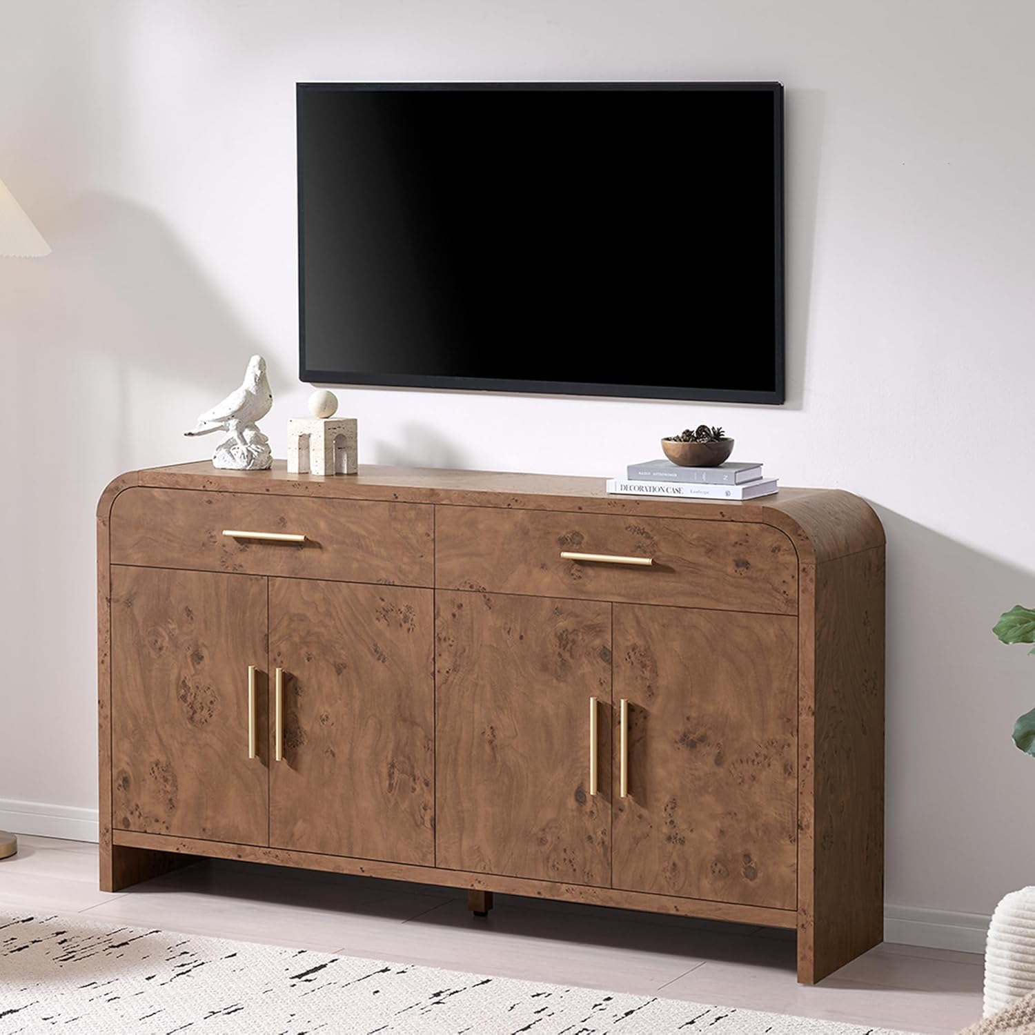 59" Sideboard Buffet Cabinet with Storage, Curved Sideboard Cabinet＆ Adjustable Shelves, FSC-Certified Wooden Board Modern Credenza Buffet Table Console Cabinets (Dark Burl)