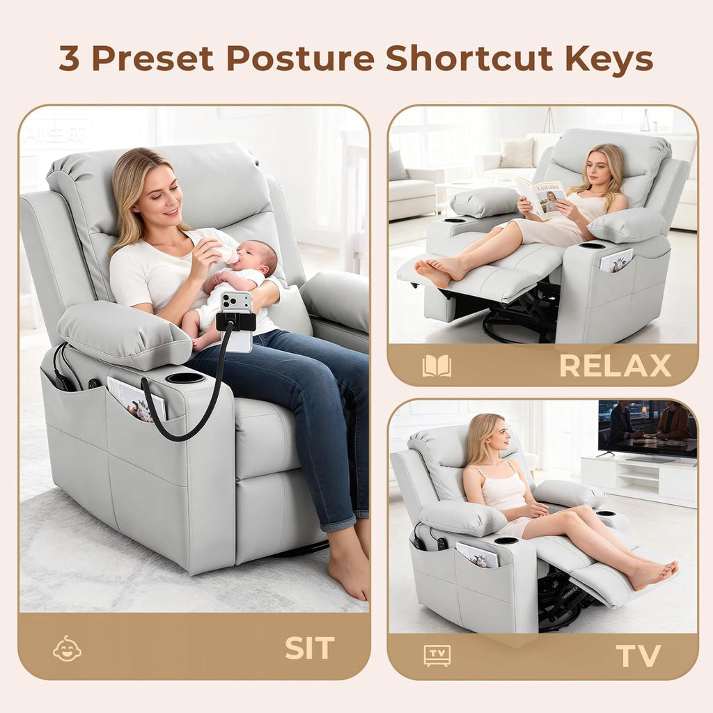 Electric Nursery Recliner Chair, Triple Motor Power Glider, 270° Swivel Rocking Chair with Adjustable Armrests, 8-Point Massage & Lumbar Heating, Phone Holder & Storage, Upholstered Nursing Chair